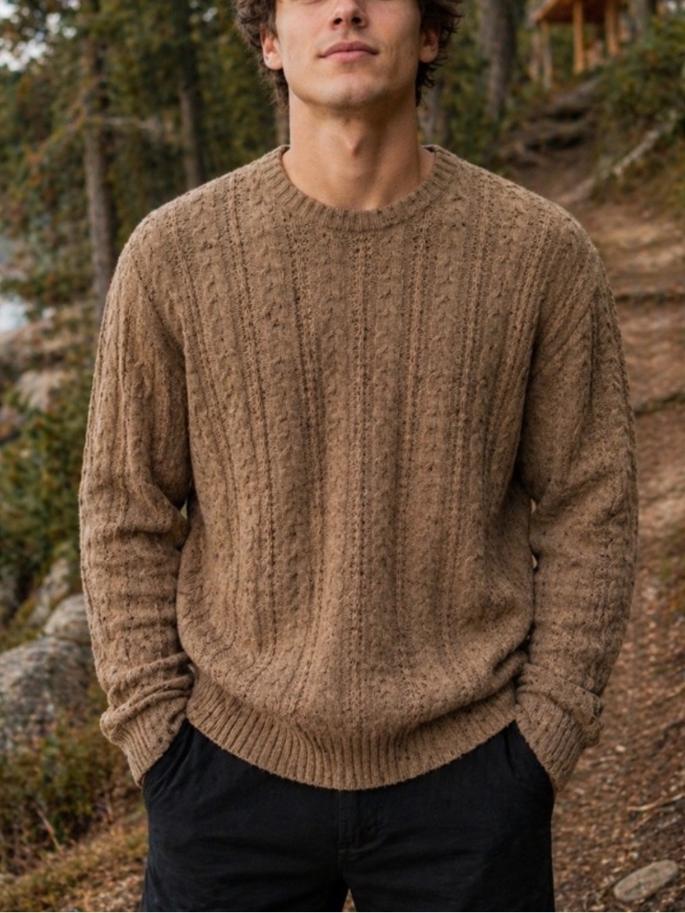 Wellen Huckberry Seawool Cable Knit Sweater Tan Crewneck Cozy 25310